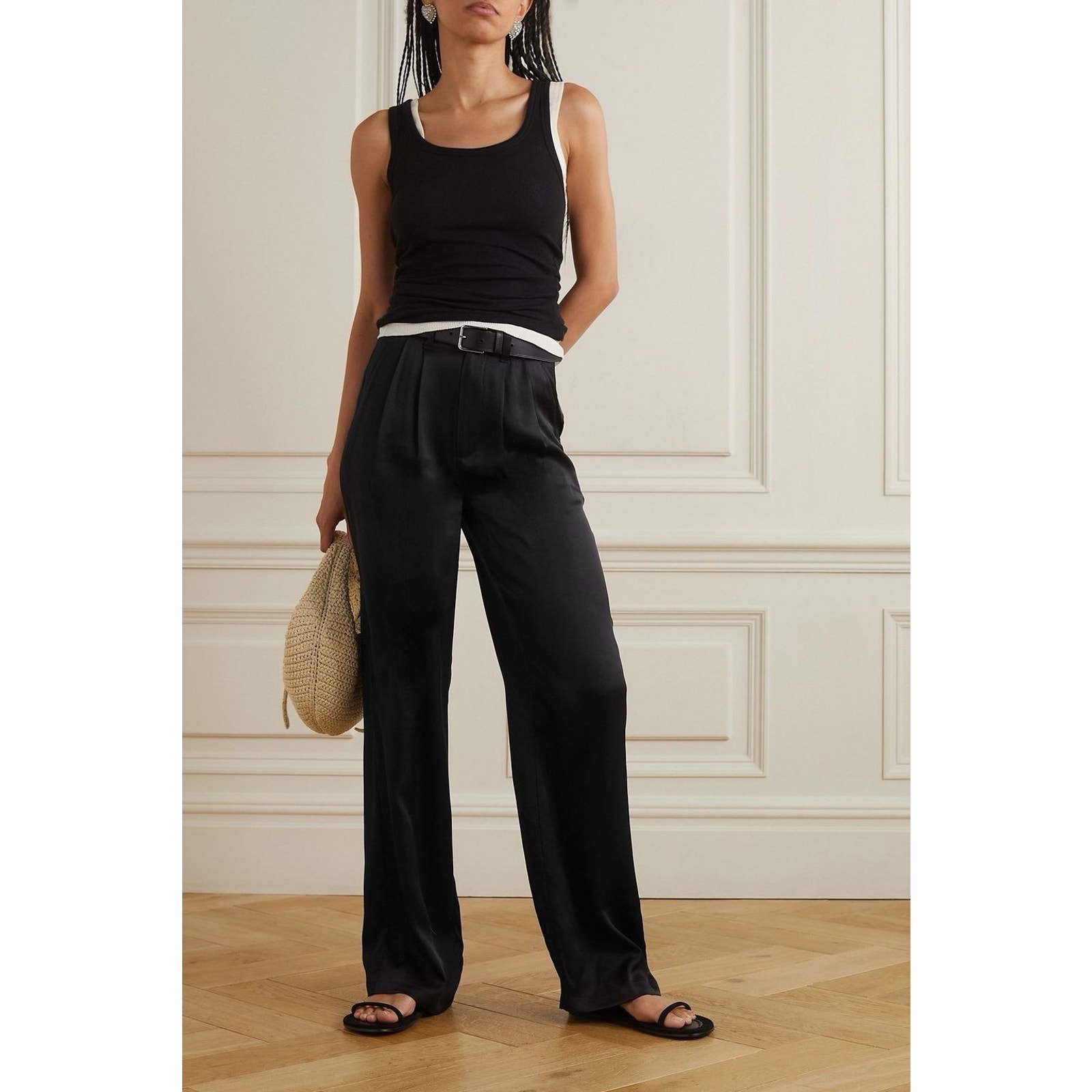 Anine Bing Carrie Silk Charmeuse Pants 26 Black High Rise Wide Leg Pants